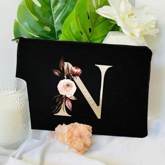 New Black Zipper Pouch with Floral Initial Detail - Multiple Available - Picture 4 of 15